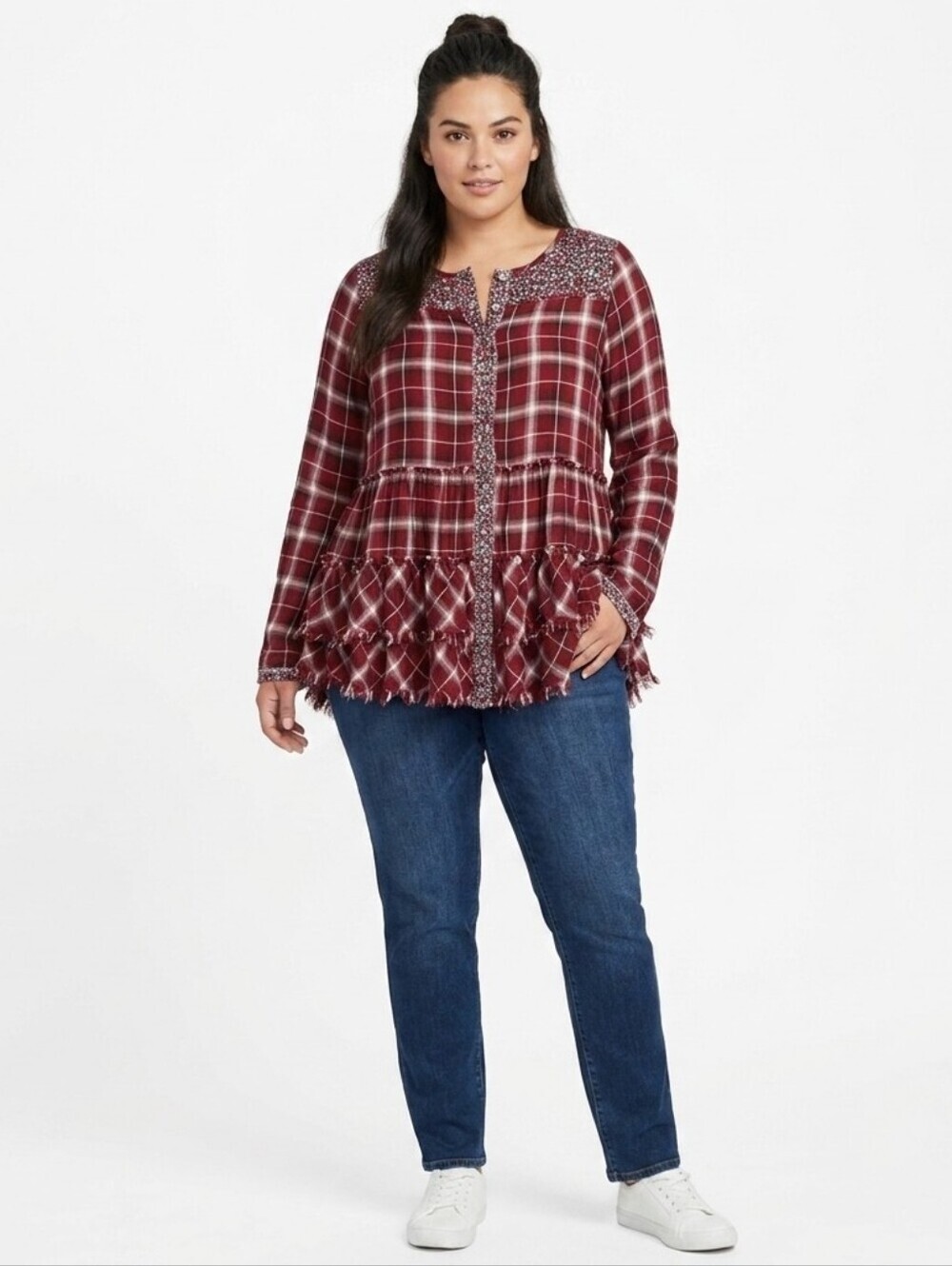Altar'd State Red Plaid Fringe Blouse Large. SEE DESCRIPTION - Picture 1 of 10